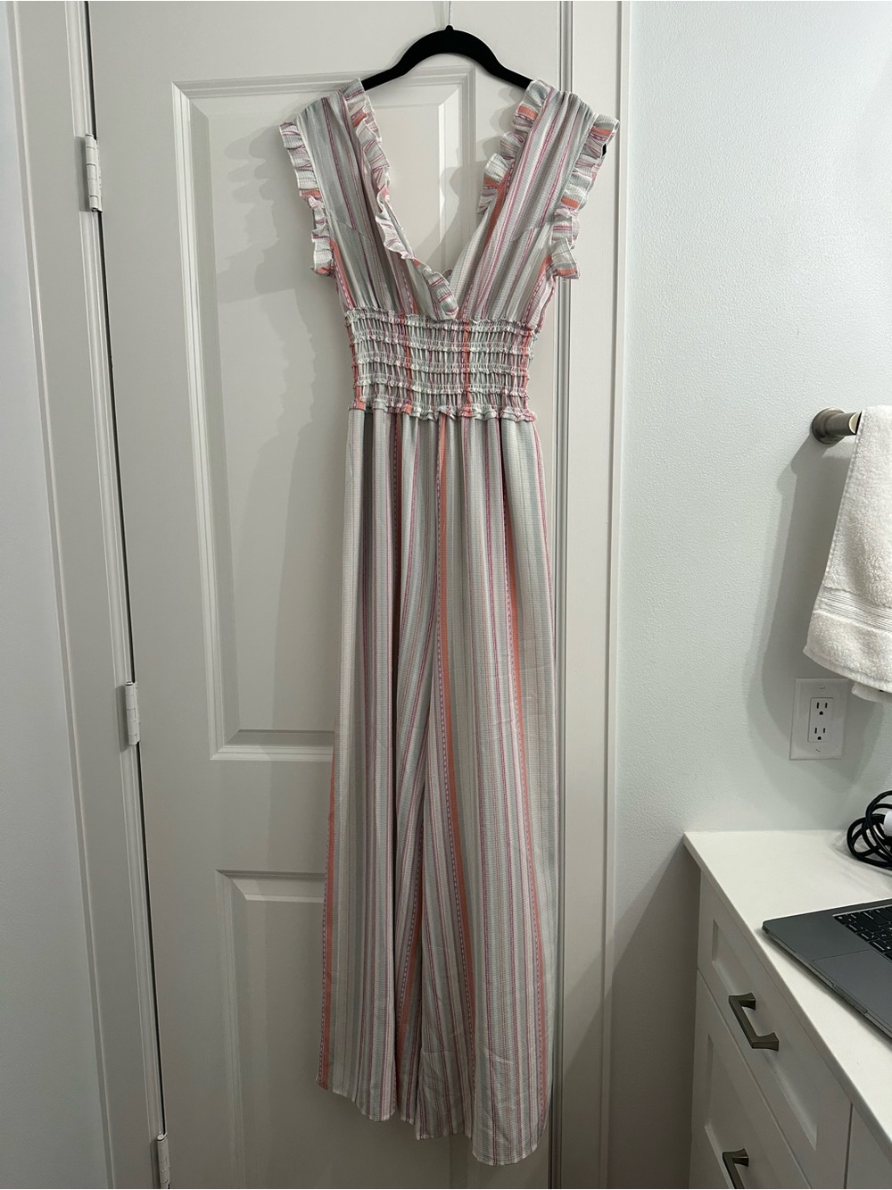 Francesca's Collections Striped Ruffle Strap Jumpsuit in White, Pink, Gray